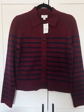 J.Crew Striped Button-Up Cardigan in Burgundy and Navy NEW!
